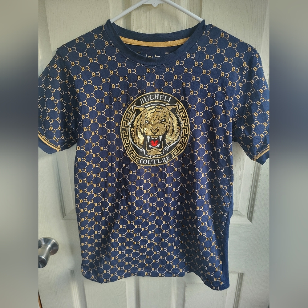 Men T-Shirt Blue Bucheli Italian Logo Stripe Shiny Gold Tiger Slim Fit Medium